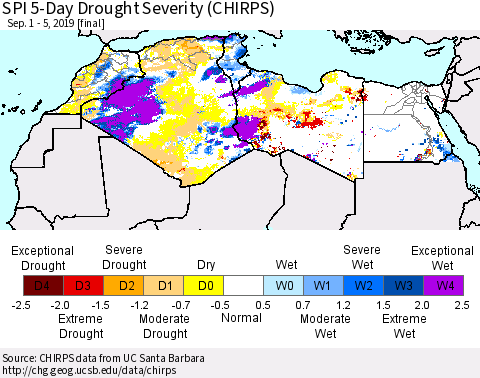 North Africa SPI 5-Day Drought Severity (CHIRPS) Thematic Map For 9/1/2019 - 9/5/2019