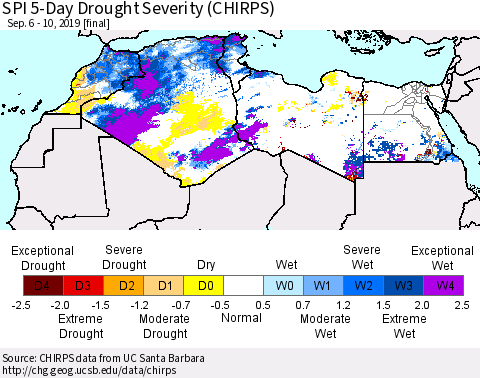 North Africa SPI 5-Day Drought Severity (CHIRPS) Thematic Map For 9/6/2019 - 9/10/2019