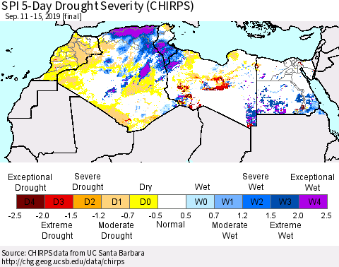 North Africa SPI 5-Day Drought Severity (CHIRPS) Thematic Map For 9/11/2019 - 9/15/2019