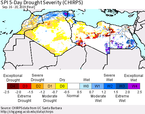 North Africa SPI 5-Day Drought Severity (CHIRPS) Thematic Map For 9/16/2019 - 9/20/2019