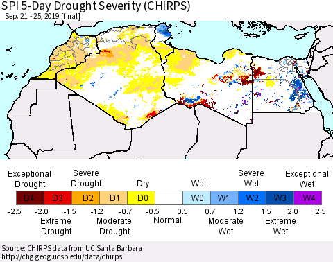 North Africa SPI 5-Day Drought Severity (CHIRPS) Thematic Map For 9/21/2019 - 9/25/2019