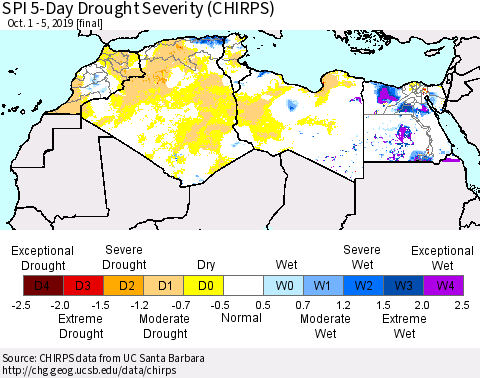 North Africa SPI 5-Day Drought Severity (CHIRPS) Thematic Map For 10/1/2019 - 10/5/2019