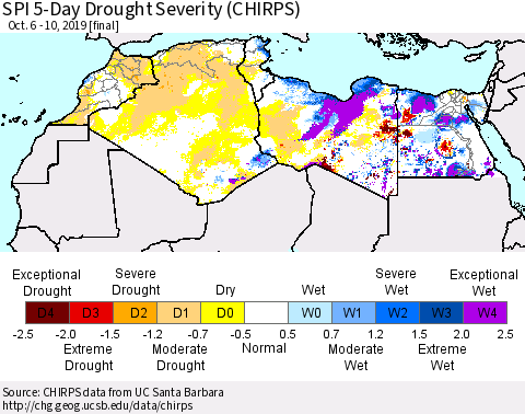 North Africa SPI 5-Day Drought Severity (CHIRPS) Thematic Map For 10/6/2019 - 10/10/2019
