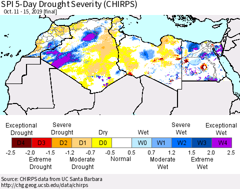 North Africa SPI 5-Day Drought Severity (CHIRPS) Thematic Map For 10/11/2019 - 10/15/2019