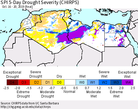 North Africa SPI 5-Day Drought Severity (CHIRPS) Thematic Map For 10/16/2019 - 10/20/2019
