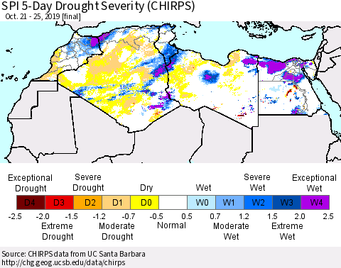 North Africa SPI 5-Day Drought Severity (CHIRPS) Thematic Map For 10/21/2019 - 10/25/2019