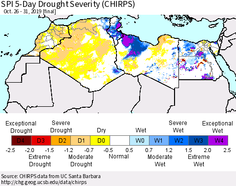 North Africa SPI 5-Day Drought Severity (CHIRPS) Thematic Map For 10/26/2019 - 10/31/2019