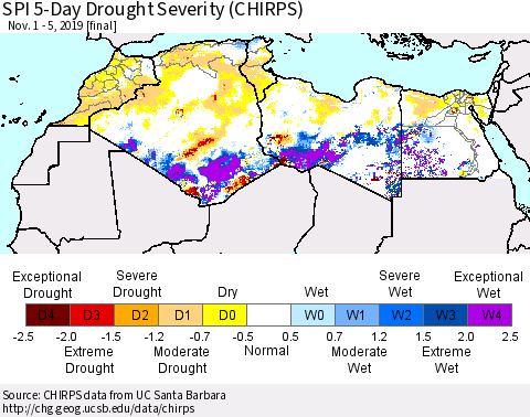 North Africa SPI 5-Day Drought Severity (CHIRPS) Thematic Map For 11/1/2019 - 11/5/2019