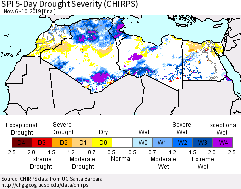 North Africa SPI 5-Day Drought Severity (CHIRPS) Thematic Map For 11/6/2019 - 11/10/2019