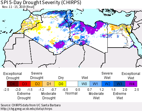 North Africa SPI 5-Day Drought Severity (CHIRPS) Thematic Map For 11/11/2019 - 11/15/2019