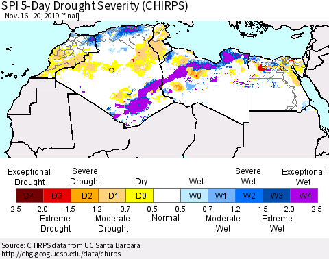 North Africa SPI 5-Day Drought Severity (CHIRPS) Thematic Map For 11/16/2019 - 11/20/2019