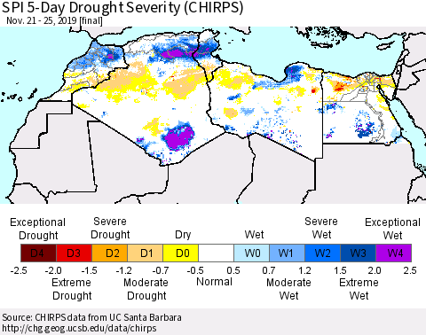 North Africa SPI 5-Day Drought Severity (CHIRPS) Thematic Map For 11/21/2019 - 11/25/2019