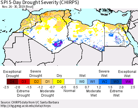 North Africa SPI 5-Day Drought Severity (CHIRPS) Thematic Map For 11/26/2019 - 11/30/2019
