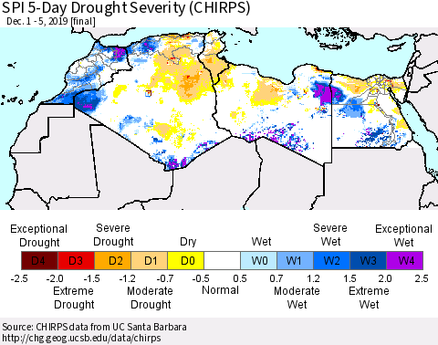 North Africa SPI 5-Day Drought Severity (CHIRPS) Thematic Map For 12/1/2019 - 12/5/2019