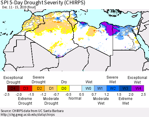 North Africa SPI 5-Day Drought Severity (CHIRPS) Thematic Map For 12/11/2019 - 12/15/2019