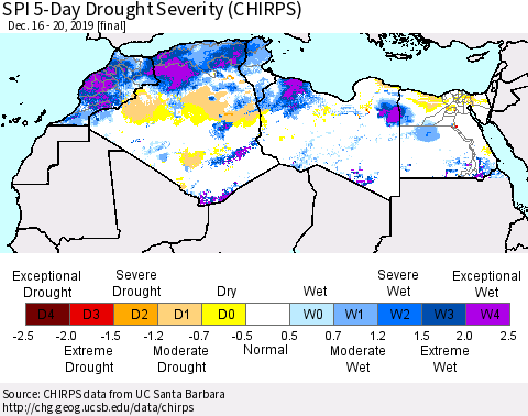 North Africa SPI 5-Day Drought Severity (CHIRPS) Thematic Map For 12/16/2019 - 12/20/2019
