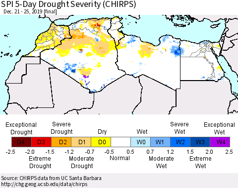 North Africa SPI 5-Day Drought Severity (CHIRPS) Thematic Map For 12/21/2019 - 12/25/2019