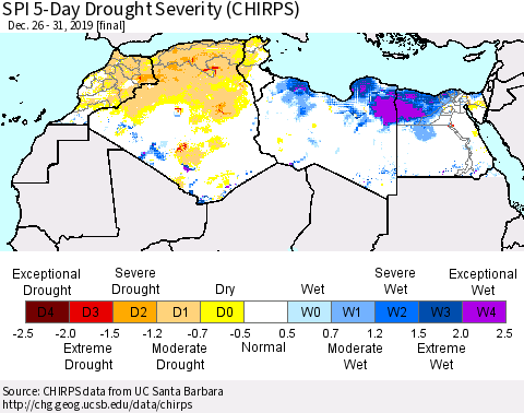 North Africa SPI 5-Day Drought Severity (CHIRPS) Thematic Map For 12/26/2019 - 12/31/2019