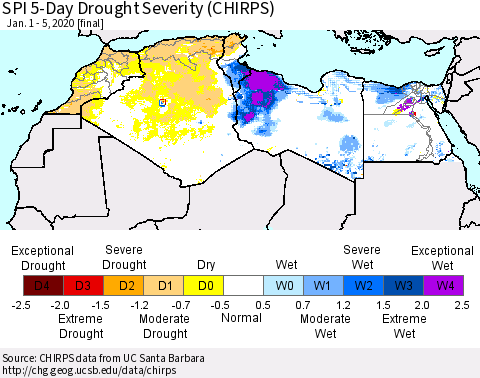 North Africa SPI 5-Day Drought Severity (CHIRPS) Thematic Map For 1/1/2020 - 1/5/2020