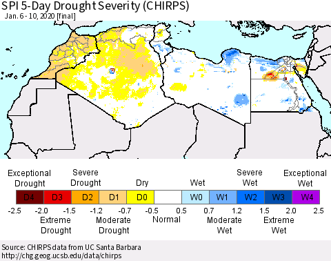 North Africa SPI 5-Day Drought Severity (CHIRPS) Thematic Map For 1/6/2020 - 1/10/2020