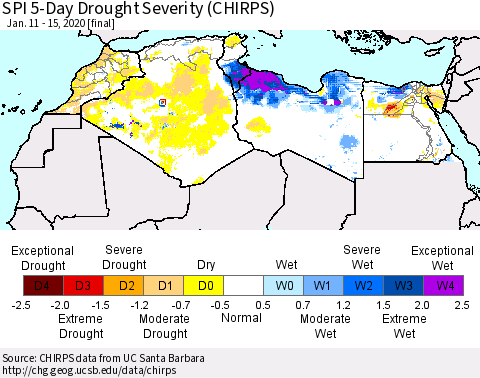 North Africa SPI 5-Day Drought Severity (CHIRPS) Thematic Map For 1/11/2020 - 1/15/2020
