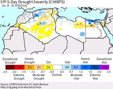 North Africa SPI 5-Day Drought Severity (CHIRPS) Thematic Map For 1/16/2020 - 1/20/2020