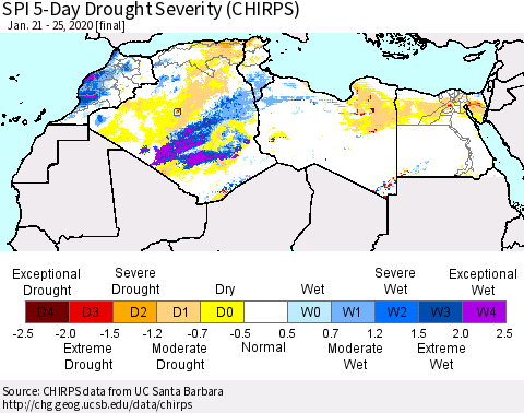 North Africa SPI 5-Day Drought Severity (CHIRPS) Thematic Map For 1/21/2020 - 1/25/2020
