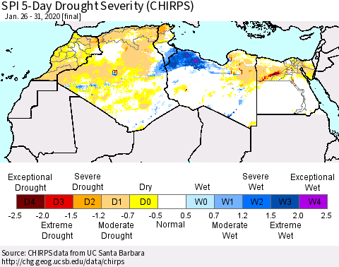 North Africa SPI 5-Day Drought Severity (CHIRPS) Thematic Map For 1/26/2020 - 1/31/2020