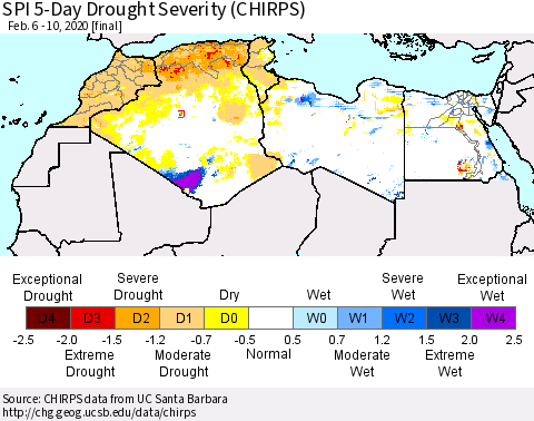 North Africa SPI 5-Day Drought Severity (CHIRPS) Thematic Map For 2/6/2020 - 2/10/2020