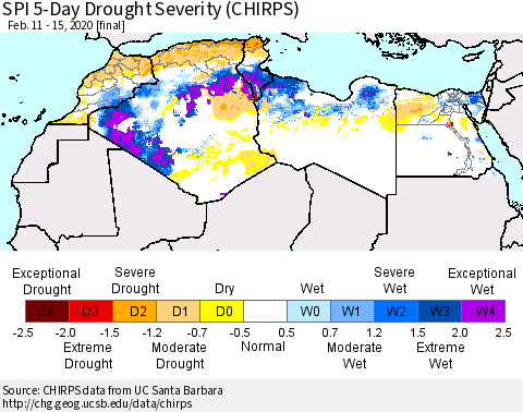 North Africa SPI 5-Day Drought Severity (CHIRPS) Thematic Map For 2/11/2020 - 2/15/2020
