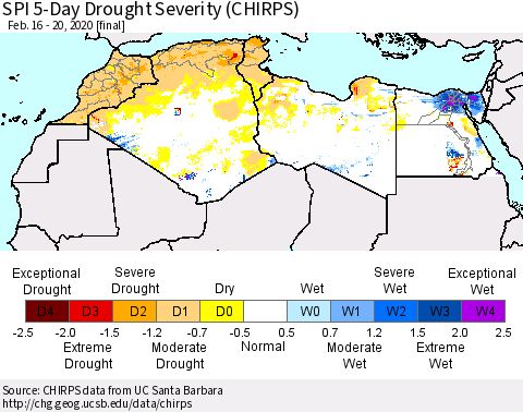 North Africa SPI 5-Day Drought Severity (CHIRPS) Thematic Map For 2/16/2020 - 2/20/2020