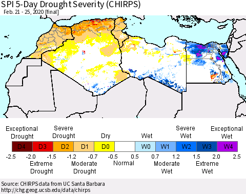 North Africa SPI 5-Day Drought Severity (CHIRPS) Thematic Map For 2/21/2020 - 2/25/2020