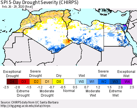 North Africa SPI 5-Day Drought Severity (CHIRPS) Thematic Map For 2/26/2020 - 2/29/2020