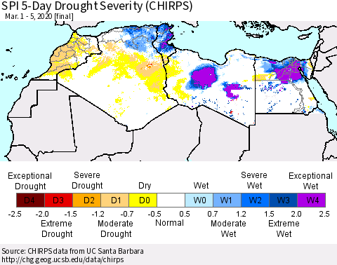 North Africa SPI 5-Day Drought Severity (CHIRPS) Thematic Map For 3/1/2020 - 3/5/2020