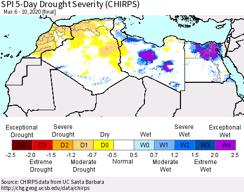 North Africa SPI 5-Day Drought Severity (CHIRPS) Thematic Map For 3/6/2020 - 3/10/2020