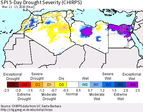 North Africa SPI 5-Day Drought Severity (CHIRPS) Thematic Map For 3/11/2020 - 3/15/2020