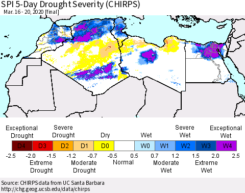 North Africa SPI 5-Day Drought Severity (CHIRPS) Thematic Map For 3/16/2020 - 3/20/2020