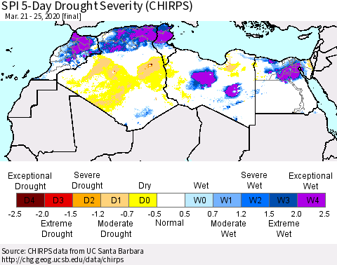 North Africa SPI 5-Day Drought Severity (CHIRPS) Thematic Map For 3/21/2020 - 3/25/2020