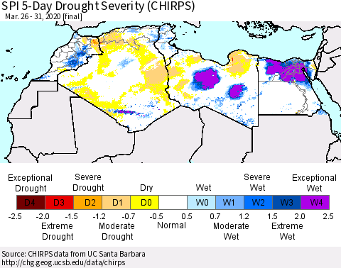 North Africa SPI 5-Day Drought Severity (CHIRPS) Thematic Map For 3/26/2020 - 3/31/2020