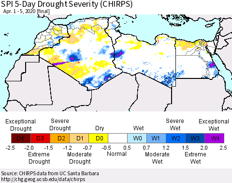 North Africa SPI 5-Day Drought Severity (CHIRPS) Thematic Map For 4/1/2020 - 4/5/2020