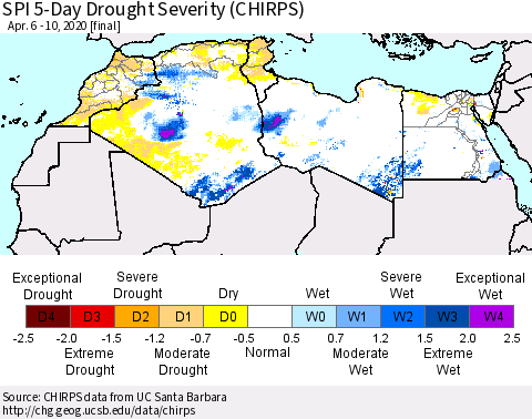 North Africa SPI 5-Day Drought Severity (CHIRPS) Thematic Map For 4/6/2020 - 4/10/2020