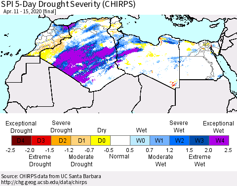 North Africa SPI 5-Day Drought Severity (CHIRPS) Thematic Map For 4/11/2020 - 4/15/2020