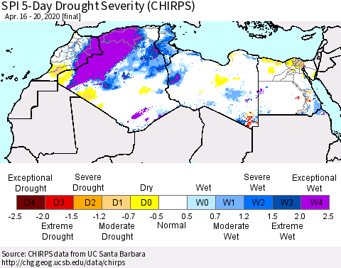 North Africa SPI 5-Day Drought Severity (CHIRPS) Thematic Map For 4/16/2020 - 4/20/2020