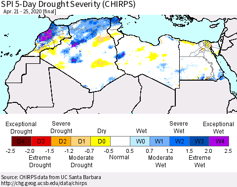 North Africa SPI 5-Day Drought Severity (CHIRPS) Thematic Map For 4/21/2020 - 4/25/2020