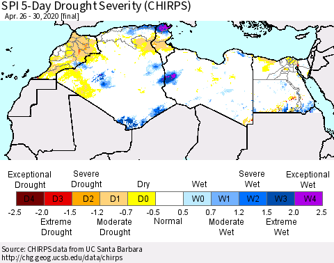 North Africa SPI 5-Day Drought Severity (CHIRPS) Thematic Map For 4/26/2020 - 4/30/2020