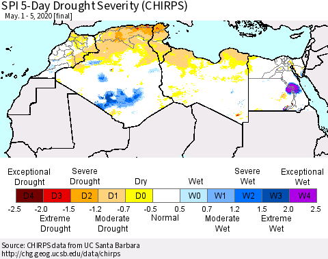 North Africa SPI 5-Day Drought Severity (CHIRPS) Thematic Map For 5/1/2020 - 5/5/2020