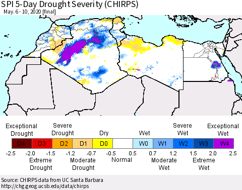 North Africa SPI 5-Day Drought Severity (CHIRPS) Thematic Map For 5/6/2020 - 5/10/2020