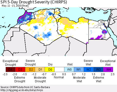 North Africa SPI 5-Day Drought Severity (CHIRPS) Thematic Map For 5/11/2020 - 5/15/2020