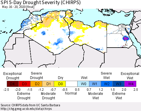 North Africa SPI 5-Day Drought Severity (CHIRPS) Thematic Map For 5/16/2020 - 5/20/2020