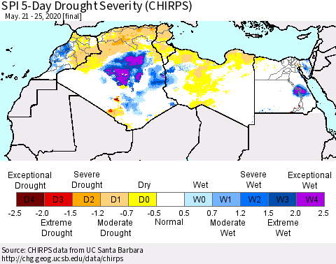 North Africa SPI 5-Day Drought Severity (CHIRPS) Thematic Map For 5/21/2020 - 5/25/2020